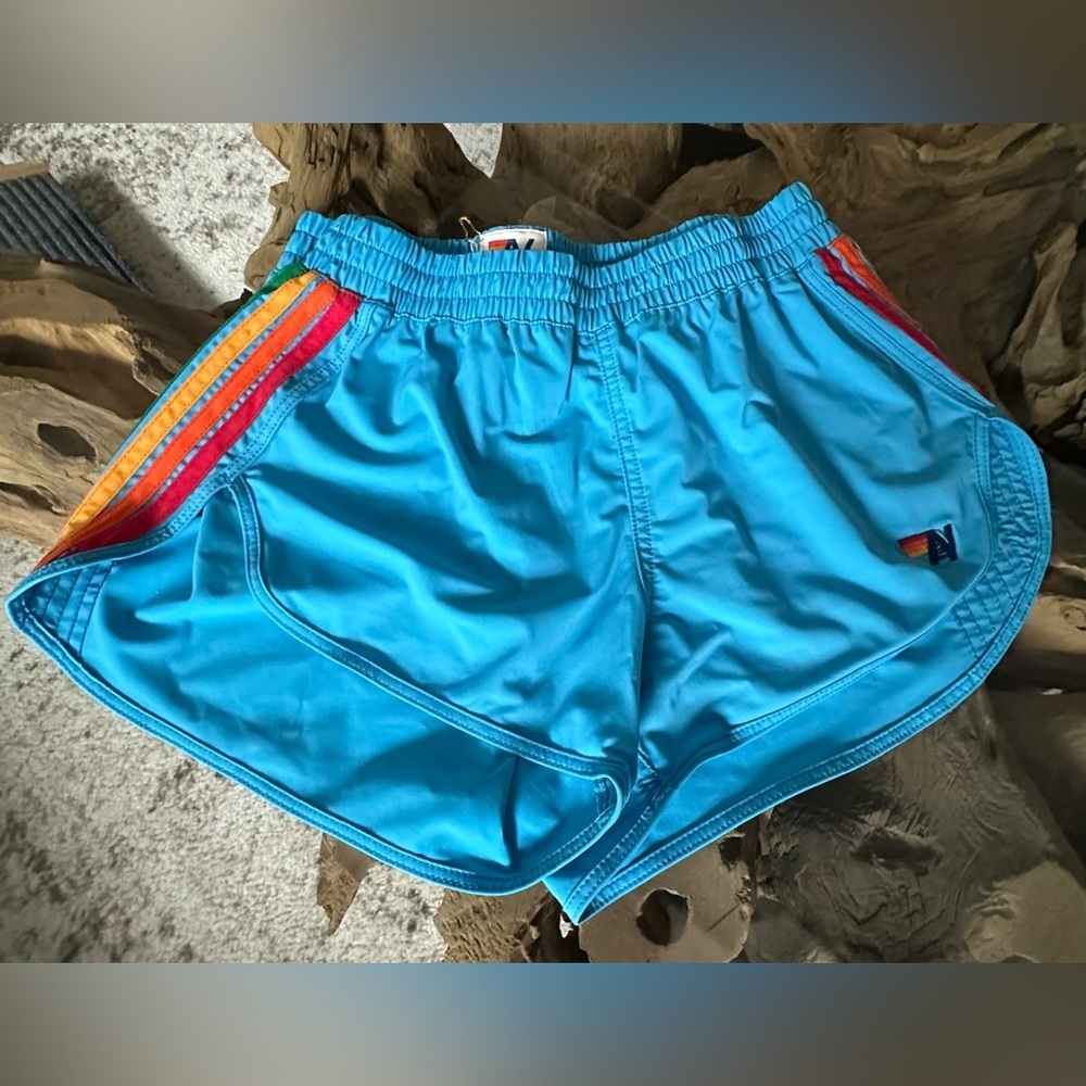 Aviator Nation 5 Stripe Flex Board Shorts — Neon Blue Rainbow, NWT Size S - Picture 8 of 13